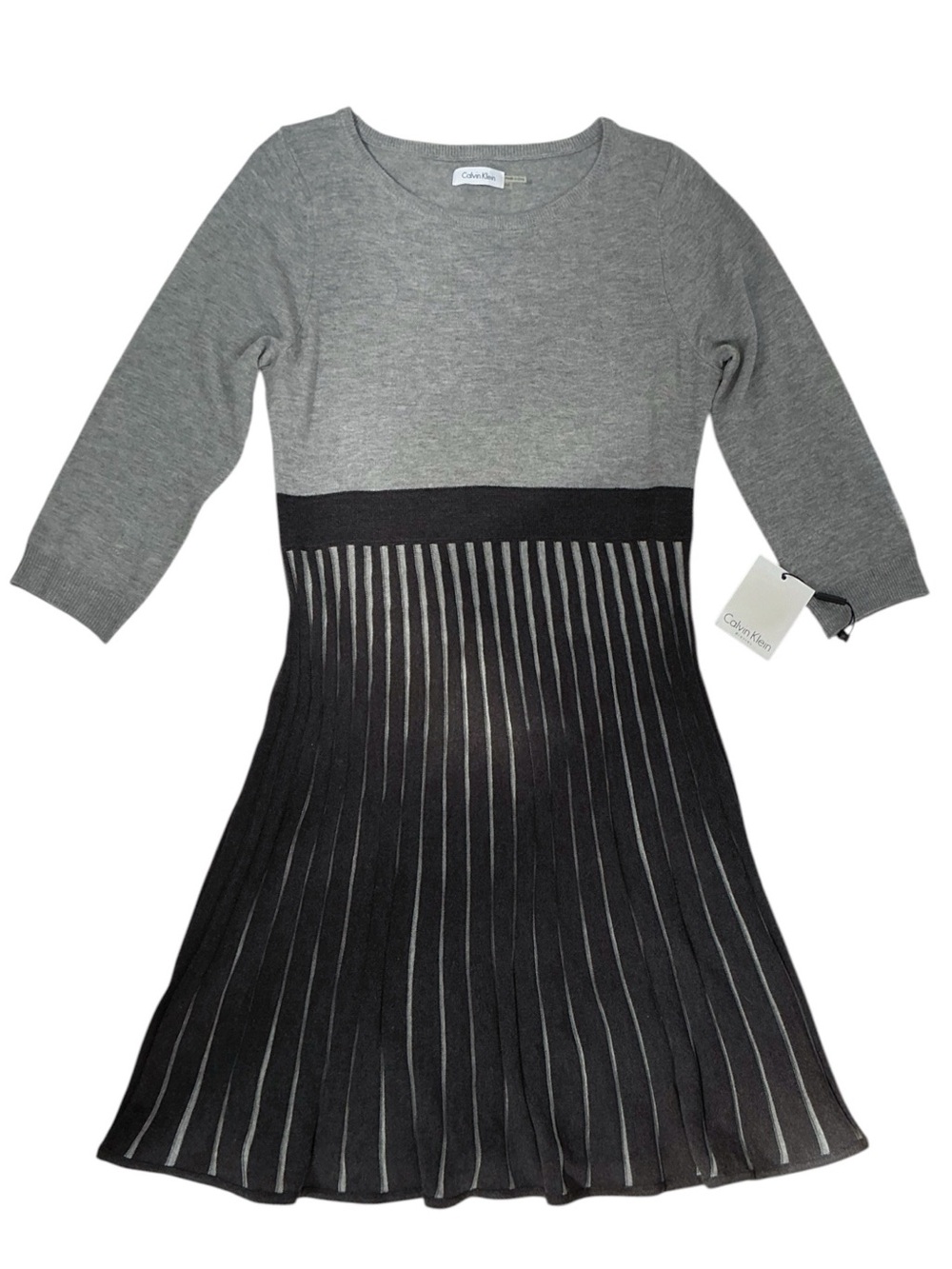 Calvin Klein Dress Knitted Pleated Skirt 3/4 Sleeve 2 Tone Gray Black NWT Medium